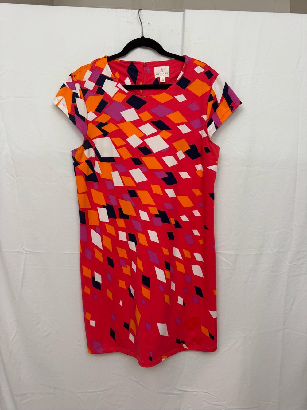 Julie Brown Geometric Print Shift Dress Pink Orange Navy Mod